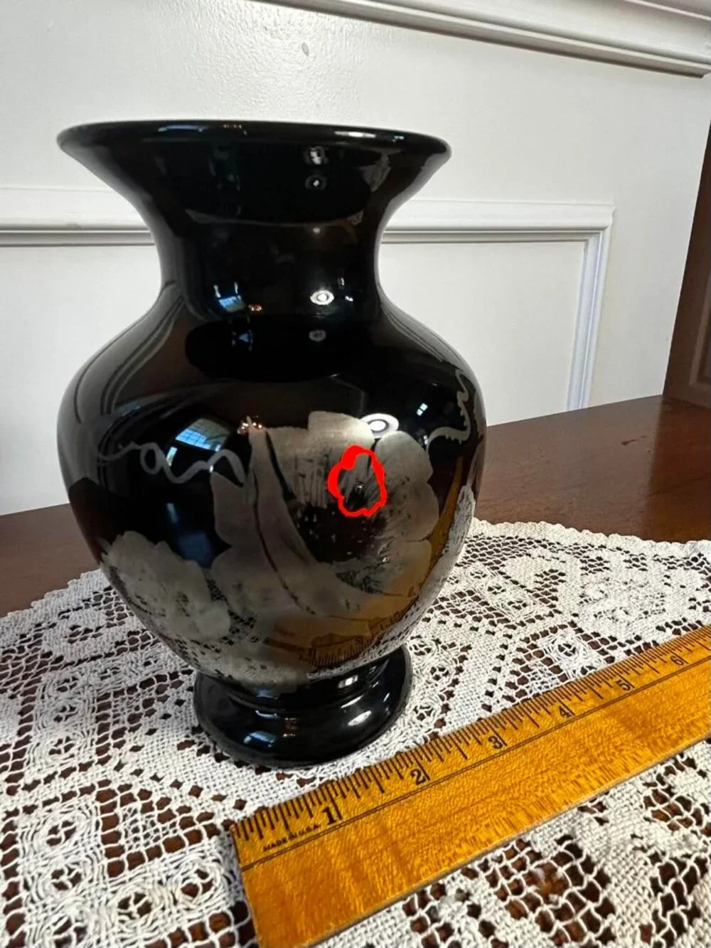 Vintage Fenton Black Amethyst Glass Vase - Silver Poppies Hand Painted Signed